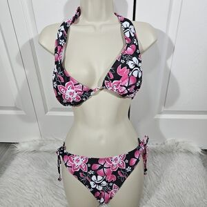 Floral Pink Halter Tie-Side Bikini Set - Women